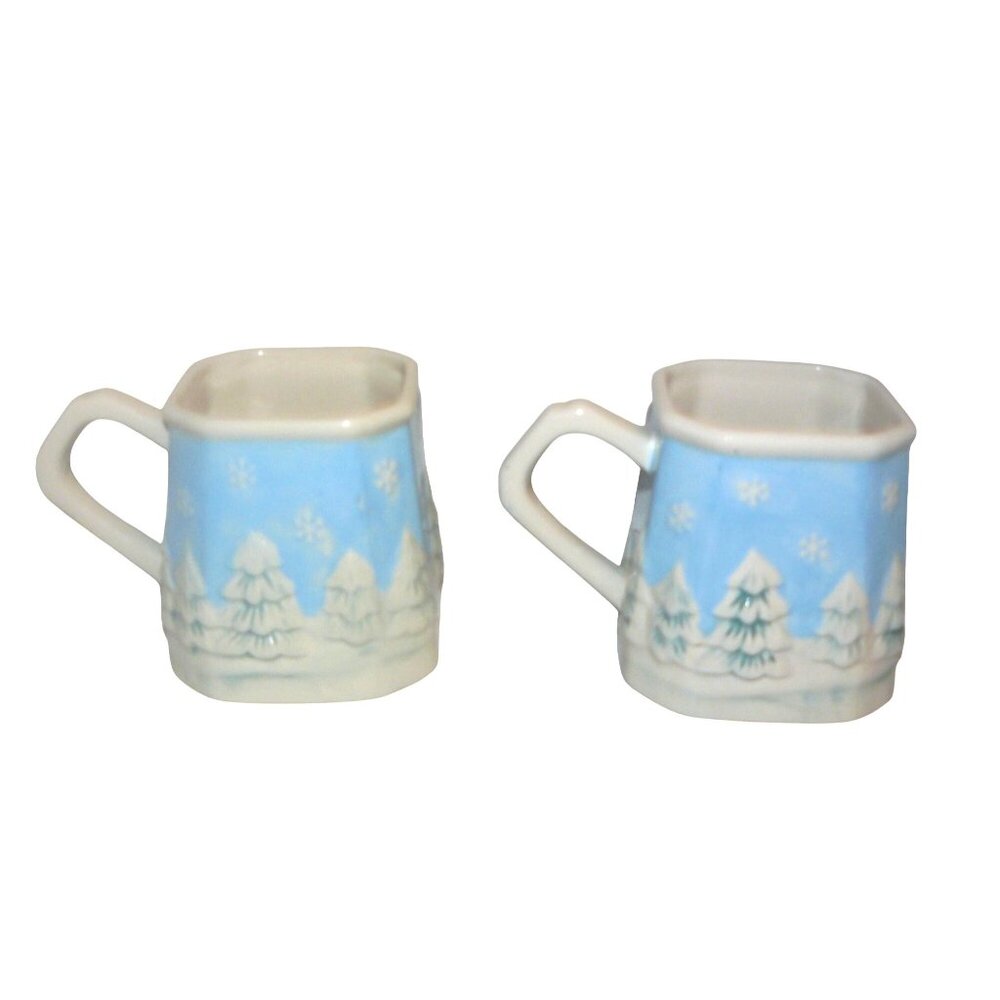 Vintage Ceramic Winter Wonderland Mugs Set Of 2 Snowy Trees & Blue Sky 8-sided
